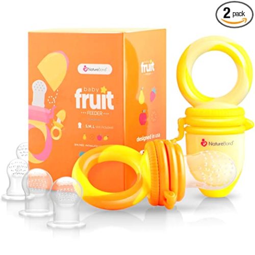 NatureBond Baby Food Feeder/Fruit Feeder Pacifier Nibbler (2 Pack) - Infant Teething Toy Teether Weaning in Appetizing Colors | + Additional Silicone Sacs