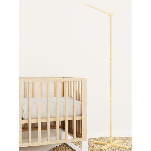 Crib Mobile Arm Wooden Floor Standing - 61 Inches Mobile Arm for Crib|Movable Baby Mobile Hanger|Strong Anti-Dumping Attachment|Natural EU Beech Wood|Thicker Pole|Boho Nursery Decor