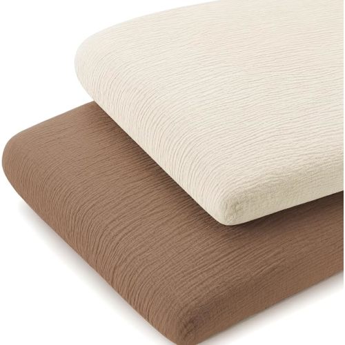 guruixu 2 Pack Muslin Bassinet Sheets 33" x 21", 100% Cotton Soft Breathable Bassinet Fitted Sheet for Baby Boys & Girls, Compatible with Rectangle Mattress (Brown,Cream)