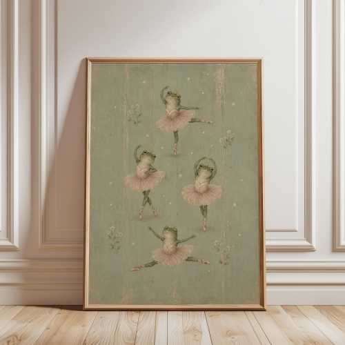 Ballet Frog Wall Art Print, Sage Green Cottagecore Nursery Decor, Whimsical Frog Dancer Painting, Vintage Fairytale Animal Kids Room Poster