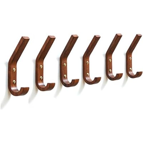 LONANGG 4 Pack Heavy Duty Rustic Coat Hooks Wall Mounted, Wood Wall Hooks,Decorative Hooks for Hanging Bathroom Towels Clothes Hanger for Wall (Walnut Wood)