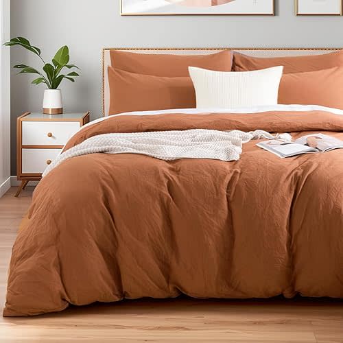 NEXHOME PRO Terracotta Burnt Orange Duvet Cover Set Kids Twin Size Linen Look Textured Organic Natural 100% Washed Cotton Duvet Cover 2 Pieces Bedding Set Caramel with Zipper Closure (No Comforter)