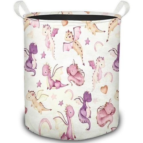 Pink Purple Dragon Nursery Laundry Basket, Fantasy Cute Dragons Foldable Laundry Hamper With Handles Clothes Toys Storage Basket for Baby Girl Nursery Bedroom Kids Room Bathroom
