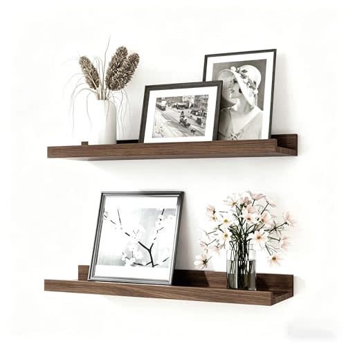 Floating Shelves for Wall Decor, Wall Mounted Wood Storage Shelf for Bedroom, Living Room, Bathroom, Kitchen, Nursery, Display Picture Ledge Shelf with Lip Set of 2-14 Inches, Walnut
