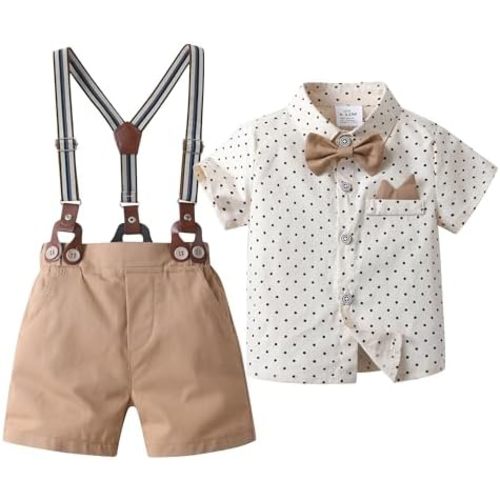 Baby Boys Gentleman Shorts Sets, Infant Outfits Suits, Shirt+Shorts+Bow Tie+Suspenders