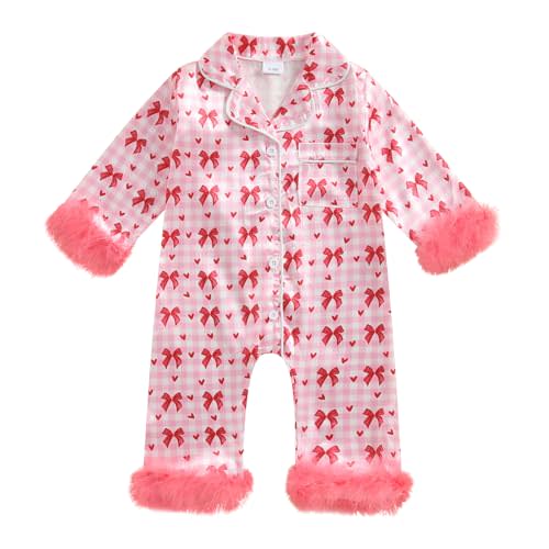 woshilaocai Baby Girl Button Down Romper Bow Strawberry Fuzzy Cuff Long Sleeve Jumpsuit Spring Summer Clothes