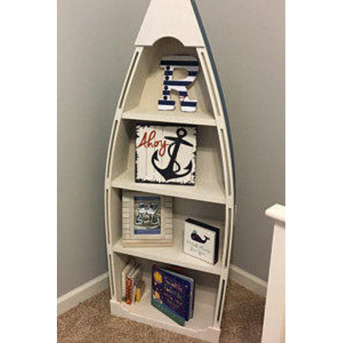 5 foot blue row Bookshelf Bookcase shelves skiff schooner canoe nautical Dorey kids room wooden boat shelf Beach decor Photo propp Nursery | Schooner Chandlery