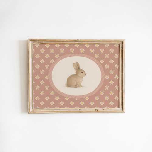 Vintage Bunny Print - Pink Daisy Floral Nursery Wall Art