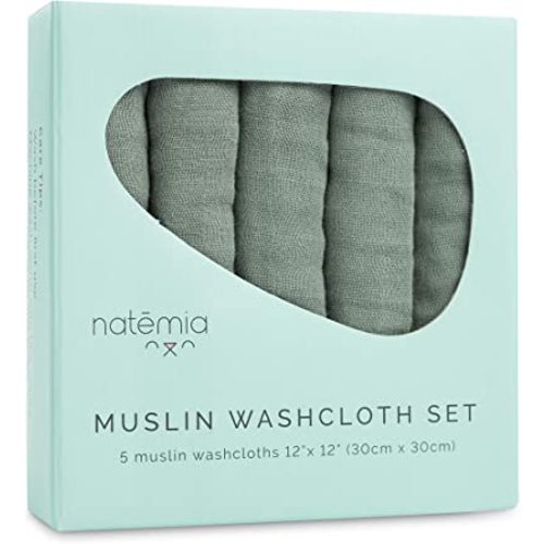 Natemia Muslin Baby Washcloths for Newborn - Premium Wash Cloths for Babies, Super Absorbent and Ultra Soft Rayon Made from Bamboo, 6 Layer Baby Girl and Baby Boy Washcloths, 5 Piece Set