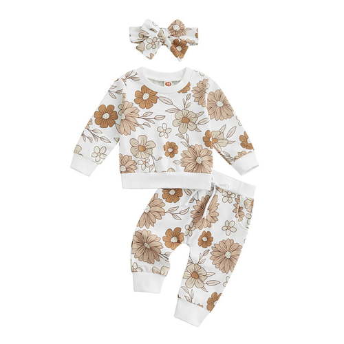 Fall Baby Girl Clothes 3Pcs Baby Girl Outfits Daisy Sweatshirt + Pants + Headband Fall Winter Clothes Fall Baby Girl Clothes Beige 12-18 Months