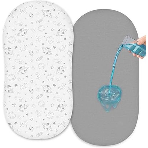 FIOBEE Baby Bassinet Sheets for Girls Boys 2 Pack Waterproof Bassinet Mattress Elastic Fitted Crib Sheets Universal Fit for Hourglass Oval and Rectangle Bassinet Sheet, Gray & White