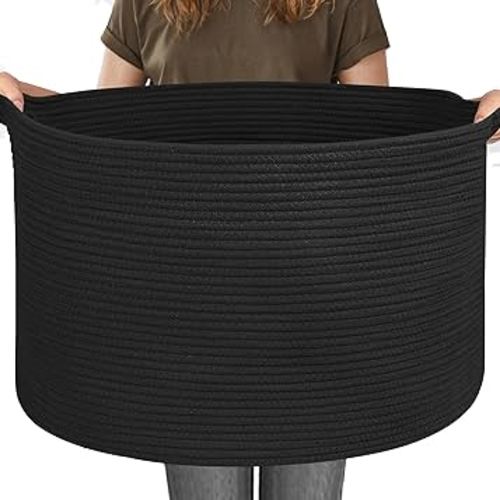 115L Super Large Black Blanket Basket, 23.6"x15.7" Woven Rope Bin for Storage, Oversized Kids Dog Toy Storage Box Bins, XXXL Blanket Holder for Living Room, Jumbo Wicker Basket for Organizing