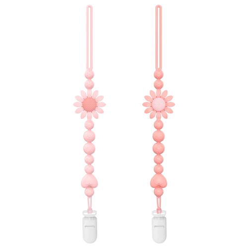 Baby Pacifier Clips One Piece Binky Clip Holder Silicone Teether Clip Pacifier Straps with Clip Baby Teether Toys for Boys and Girls Set of 2 right pink+pink