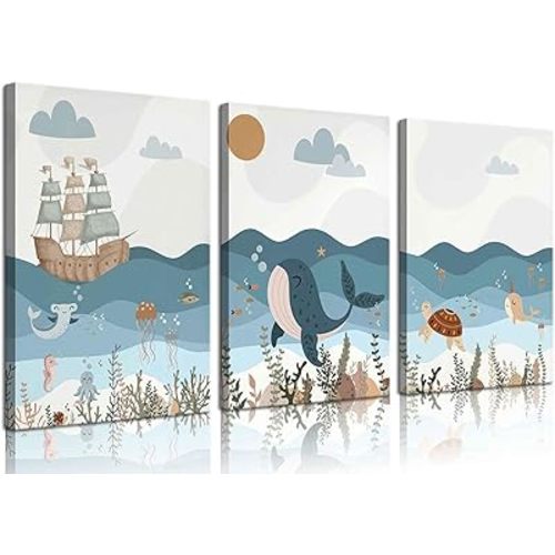 3Pcs Nautical Nursery Canvas Wall Art Blue Beach Animal Wall Decor Pictures Ocean Kids Room Sea Whale Prints for Baby Boys Girl Children's Room Bedroom Decoration, 12x16 Inch