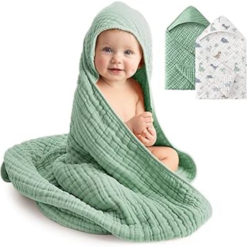 Baby Bath Towels, 100% Muslin Cotton Hooded Baby Towels Girl Boy for Newborn, 2 Pack Baby Towels with Hood for Infant Toddler and Kids, Large 32x32Inch, Soft and Absorbent Green Dinosaur