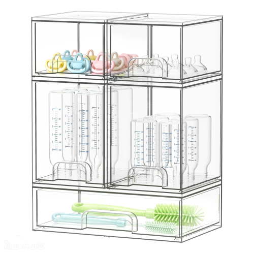 Naeqieo 5Pcs Clear Acrylic Stackable Storage Drawers, Bottle Organizer for Countertop, Under Sink Pull-Out Bins, Ideal for Baby Bottle Storage, Cosmetics, Bathroom, Kitchen Cabinet