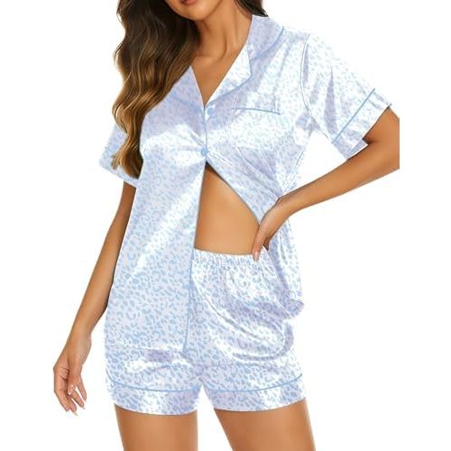 Ekouaer Silk Pajamas for Women Short Sleeve Sleepwear Soft Button Down Loungewear 2 Piece Satin Pjs Shorts Set