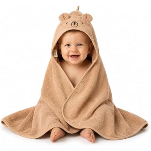 Hooded Baby Towel – 100% Organic Cotton Baby Bath Towels – Baby Boy and Girl Newborn Essentials - Super-Soft and Absorbent. (Bear - Natural)