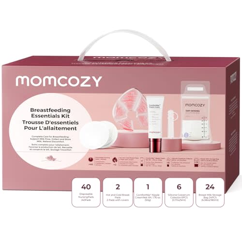 Momcozy 73-Piece Postpartum Essentials Kit for New Moms, Breastfeeding Essentials Set with Nursing Pads, Hot & Cold Breast Packs, Nipple Cream, Colostrum Collectors and Breastmilk Storage Bags