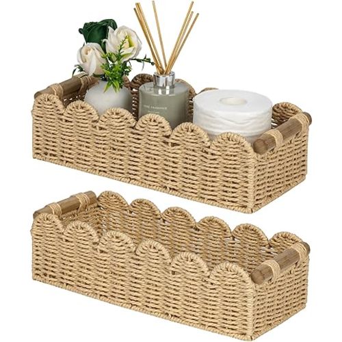 CubesLand Bathroom Basket Organizer, Toilet Tank Paper Storage Baskets 2-Pack, Scalloped Decorative Basket for Countertop w/Handle, Wicker Basket for Bathroom Decor, Home Decor, Living Room, Beige
