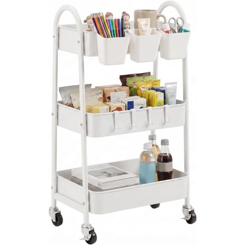 danpinera 3-Tier Rolling Cart, Utility Cart Mobile Metal Rolling Storage Cart with Lockable Wheels & Hanging Cups & Hooks for Kitchen, Bathroom, Office, Workshop, White