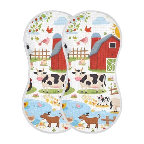 Burbuja Farm Animals Muslin Baby Burp Cloths, Soft & Absorbent Cotton Burping Rags for Newborn Boys & Girls, 2 Pack