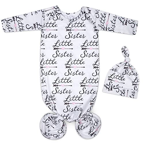 Mikccer Baby Newborn Knotted Gown 0-6 Months, Soft Breathable Sleeper Gowns, Babies Girl Coming Home Outfit Infant Little Sister Nightgowns with Hat Set