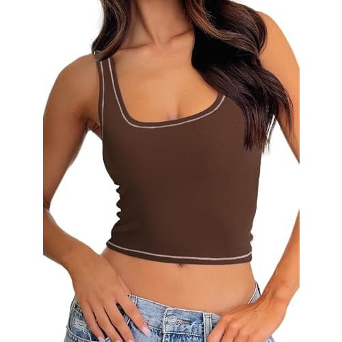 Danysu Women Rib Tank Top Padded Workout Top Square Neck Crop Tank Fitted Basic Cami Tops
