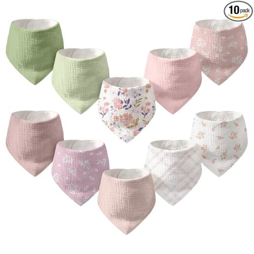 10-Pack Muslin Baby Bandana Bibs | Super Absorbent Cotton Drool Bibs, Nickel-Free Snaps, Teething & Registry Gift for Newborn Boys Girls 0-36 Months Pink Green Floral