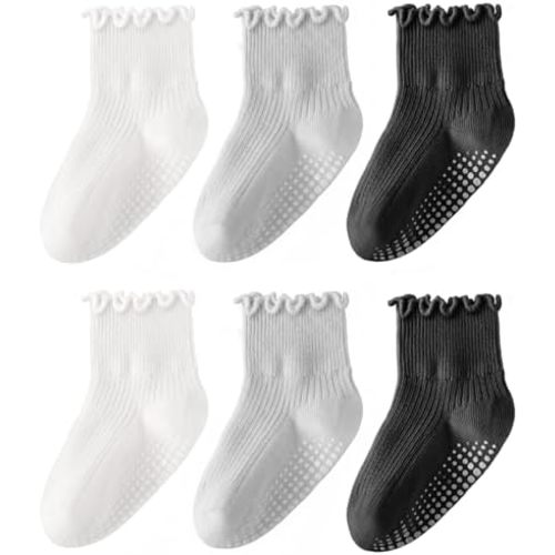 HONGTEYA 6 Pairs Toddler Ruffle Socks for Girls Non Slip Baby Socks with Grips for 1-2 Years 3-4 Years 5-6 Years Girls Boys