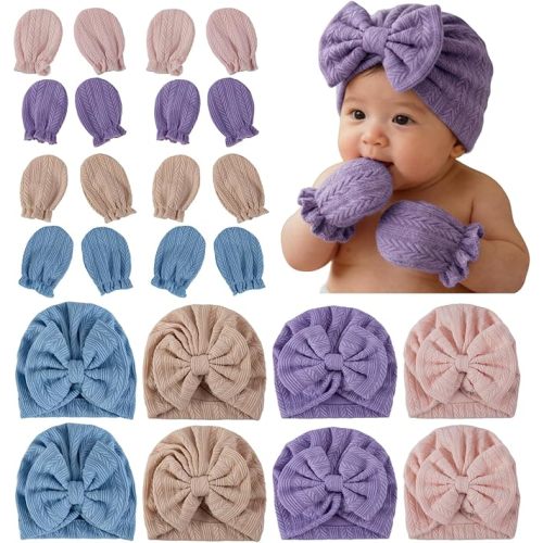 8 Sets Newborn Baby Hats & Mittens Cotton Preemie Infant Bow Beanies Caps Gloves Hospital New Born Boy Girl 0-3 Month
