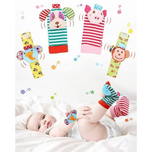 Newborn Baby Soft Rattle, Hand Bracelet Wrist Rattle Toy Foot Finder Sock, Arm Leg Babies Development Toys for Infant Bebe Boy & Girl (MA-4 PCS)