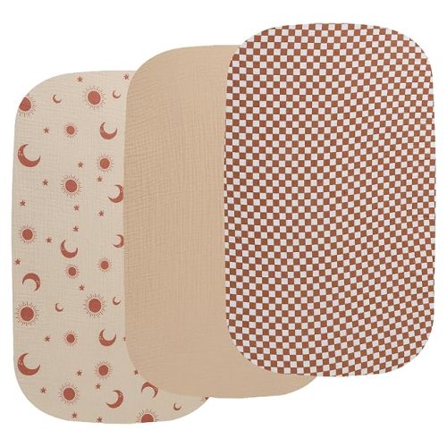 Onacosht Muslin Bassinet Sheets 3 Pack, 100% Cotton Baby Sheet 35" X 20" Compatiable with AMKE 3 in 1 Bassinets, MiClassic, Uiuwoo, Foalom, YADAQE, Milliard and TCBunny Bassinet, Checker and Sun Moon
