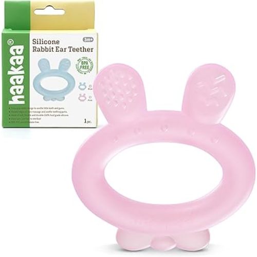 Haakaa Silicone Baby Teether - Rabbit Ear Frozen Teething Toy for Babies 3-6 Months- Cold Teething Relief - BPA Free Silicone-Pink