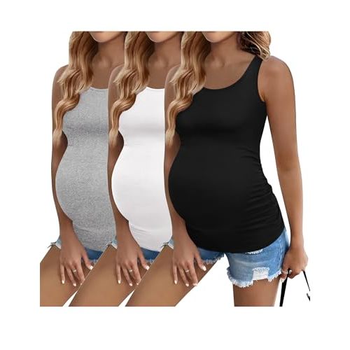 Ekouaer 3 Pack Women Maternity Tank Tops Ruch Side Basic Shirts Summer Postpartum Tops Sleeveless Pregnancy Workout Clothes