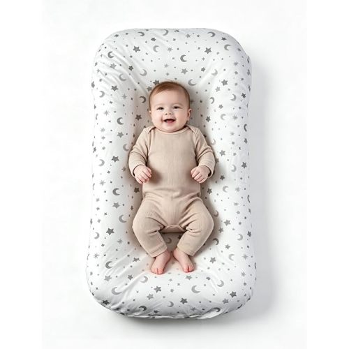Baby Lounger for Supervised Awake Time, Extra Large 33.5 x 19.7 Inch Infant Support Cushion with Removable Cotton Cover, Envelope Closure, No Zipper Design, Star & Moon