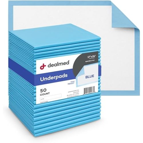 Dealmed Standard Absorbency Underpads (50 Pads) Disposable 2-Ply Tissue Fill, 24" x 17", Light Moisture Protective Liners for Small Pets, Cleanups, and Protection, 50 Ct. (1 Pack)