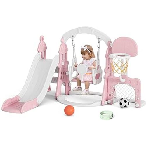 XJD 6-in-1 Toddler Slide and Swing Set, Kids Slide for Toddlers Age 1+, Toddler Outdoor Playset with Basketball Hoop, Football Frame, Swing, Outdoor Indoor Playground for Toddlers 1-3 (Pink)