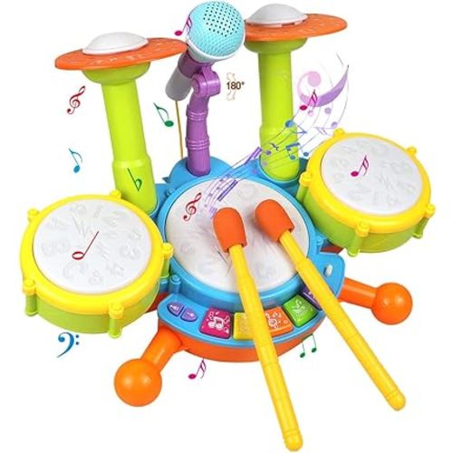 POKONBOY Kids Drum Set for Toddler 1-3, Musical Instruments Learning Toys with 2 Drum Sticks Adjustable Microphone Birthday for Boys Girls 6 12 18 Month (Yellow)