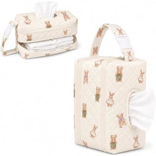 Quilted Diaper and Wipes Pouch, Double-Layer Baby Wipe Holder with Strap - Bear Print