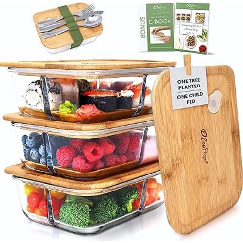 EcoPreps Glass Bento Boxes with Bamboo Lids, 3-Compartment Meal Prep Containers - 3 Pack, Eco-Friendly, Freezer Safe Glass Lunch Boxes