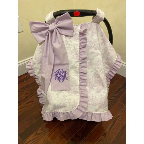 Lavender Toile Car Seat Canopy with Large Bow and Ruffle, Monogrammed Car Seat Tent, Personalized Baby Shower Gift