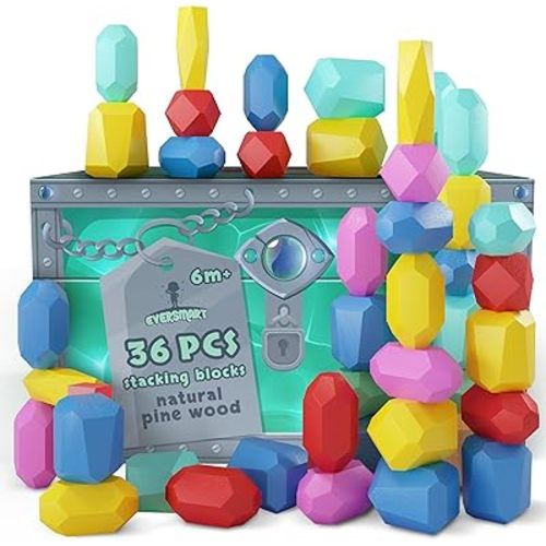 Wooden Stacking Blocks – Montessori Toys for 1 2 3 4 5 6 Year Old Toddlers and Kids, No Choking Hazard – Building Rocks Stones Games, for Girls and Boys