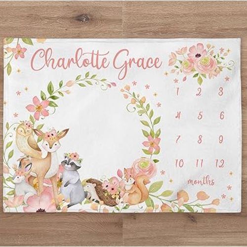 Floral Forest Animals Baby Blanket Personalized Baby Girl Month Blanket Woodland Nursery Custom Newborn Gift New Mom HHQ63_BLKBB035_4