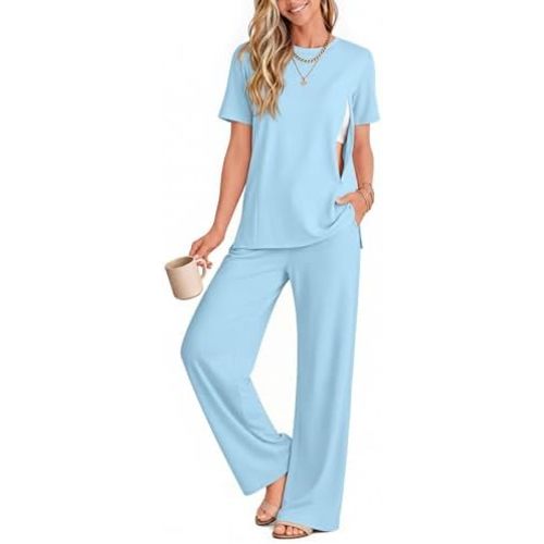 2 Piece Nursing Breastfeeding Set Maternity Pajamas with Hidden Zipper Postpartum Short Sleeve Lounge Outfit Set Pjs