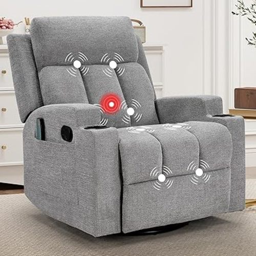 CANMOV Swivel Rocker Recliner for Adults, Manual Recliner Chair with Massage and Heating, Nursery Glider Rocking Chair with Cup Holder,Side Pocket for Living Room, Grey