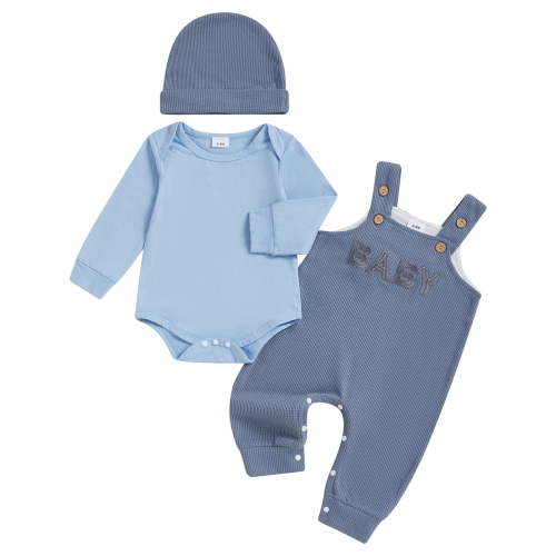 Ulanda Newborn Baby Boy Outfit Fall Winter Clothes Solid Plain Long Sleeve Romper Jumpsuit Overall Pants Hat Set (Blue, 0-3 Months)