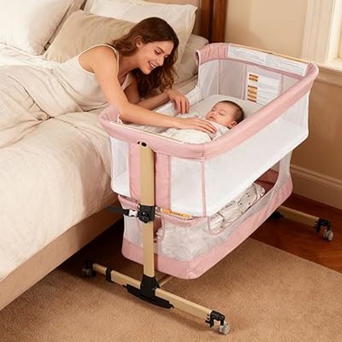 Baby Bassinet Bedside Sleeper, 3-in-1 Bedside Bassinet, 5 Height Adjustable Rocking Baby Crib, Breathable Full Mesh, Mosquito Net, Storage Basket, Stable and Secure Bassinets for Newborn (Pink)