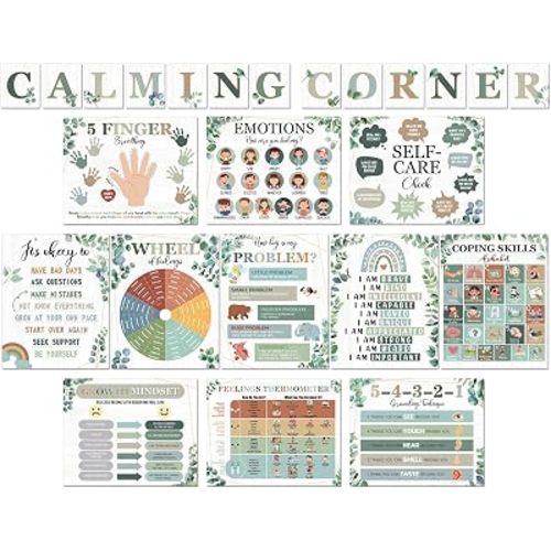 24Pcs Calming Corner Posters Greenery Eucalyptus Classroom Decor Feeling Wheel Chart Emotion Coping Skills Posters Educational Mental Health Wall Art for Therapy Office Decor Calm Down Corner Supplies