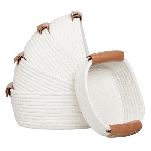 Storage Basket Set of 5 - Cotton Rope Baskets With Leather Handles - Small Woven Basket for Organizing, Nursery, Bathroom Shelves or Bedroom Decor (White)